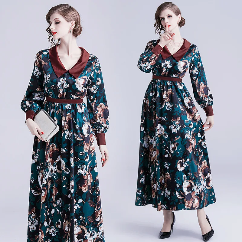 

2019 New Style French Vintage Floral Printed Dress Women's Autumn And Winter Seaside Holiday Long Skirts Spring Clothing