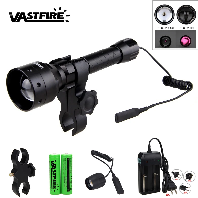 T50 IR 850nm Hunting Flashlight Night Vision Infrared Weapon Gun Light 50MM Lens IR Scout Lamp+Rifle Mount+Switch+18650+Charger