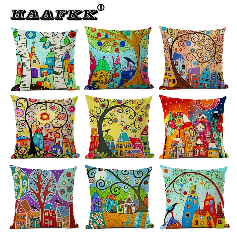 

Rural Landscape Pillowcase Cartoon Trees Cotton Cushion Cover Linen Hug Pillowcase 45 * 45 Decoration Suitable for Home Bedroom