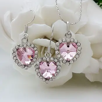 

925 sterling silver fashion love crystal pink necklace earrings 2 pieces, ladies birthday gift wedding jewelry set free shipping