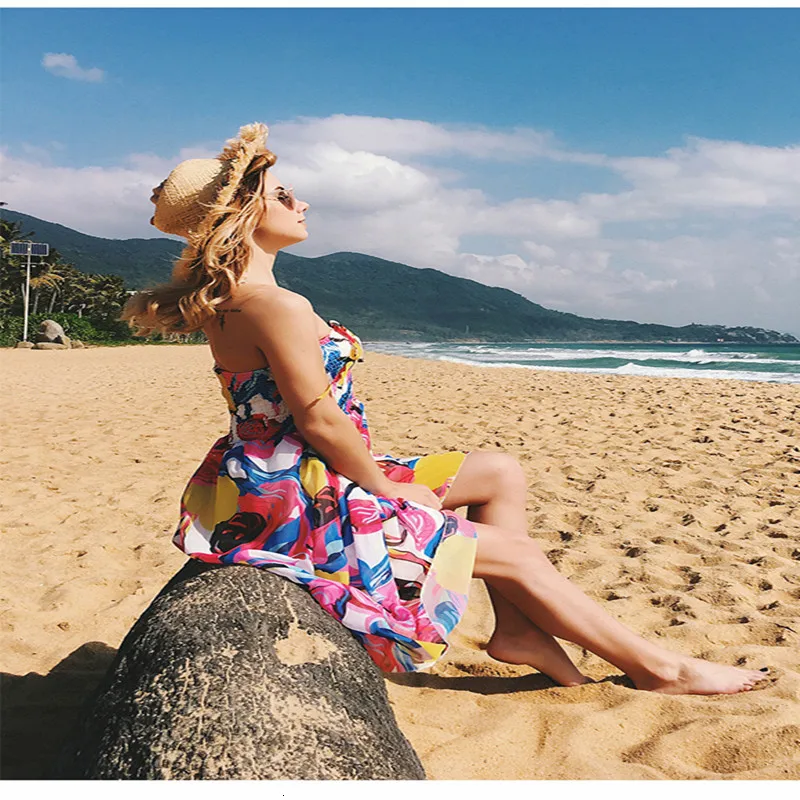 LOSSKY Women Sexy Beach Chiffon Midi Dress Strapless Halter Backless Midi Dress Summer Knee-Length Casual Ladies Fahion Dresses