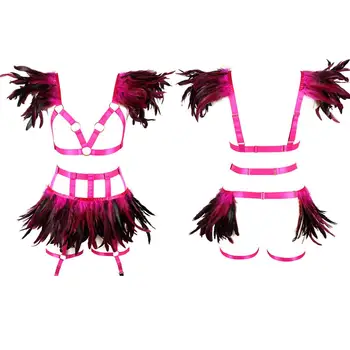 

Burning Feather Lingerie Harness Skirt Set Women Crop Tops Cage Body Belt Harness Bra Elastic Adjust Garter Dance Club Rave