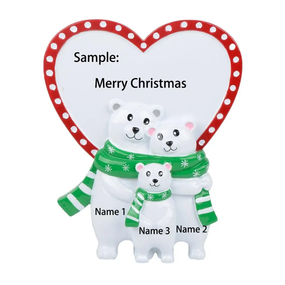 

Personalized Green Scarf Polar Bear Family Of 3 Christmas Table Top Ornaments Heart Shaped Used for Home Decor Christmas Gift