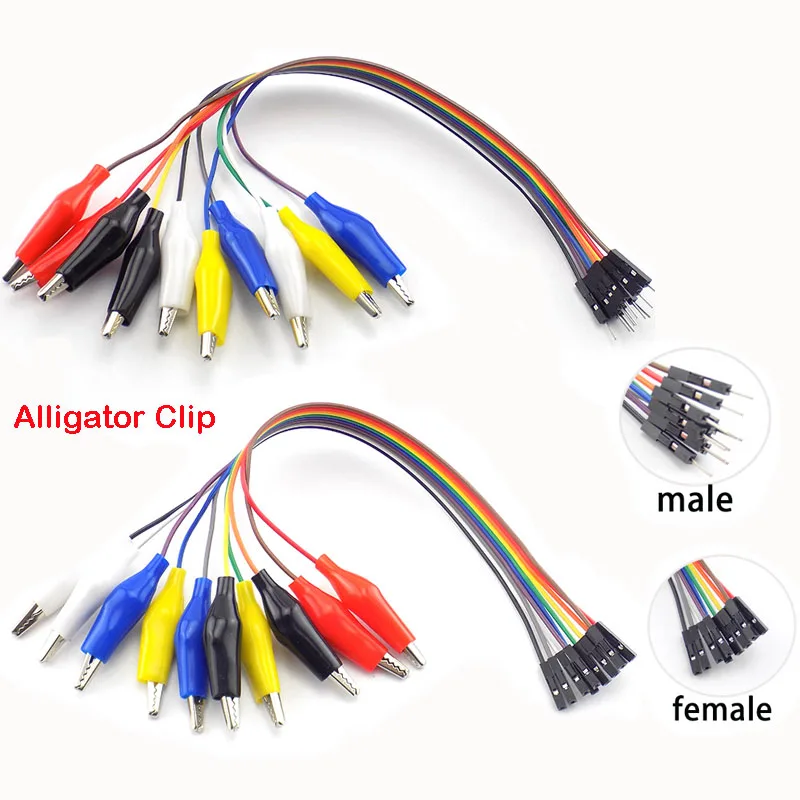 Double-ended folded wire jumper male and female alligator clip to 10-pin alligator clip test lead for DIY connection