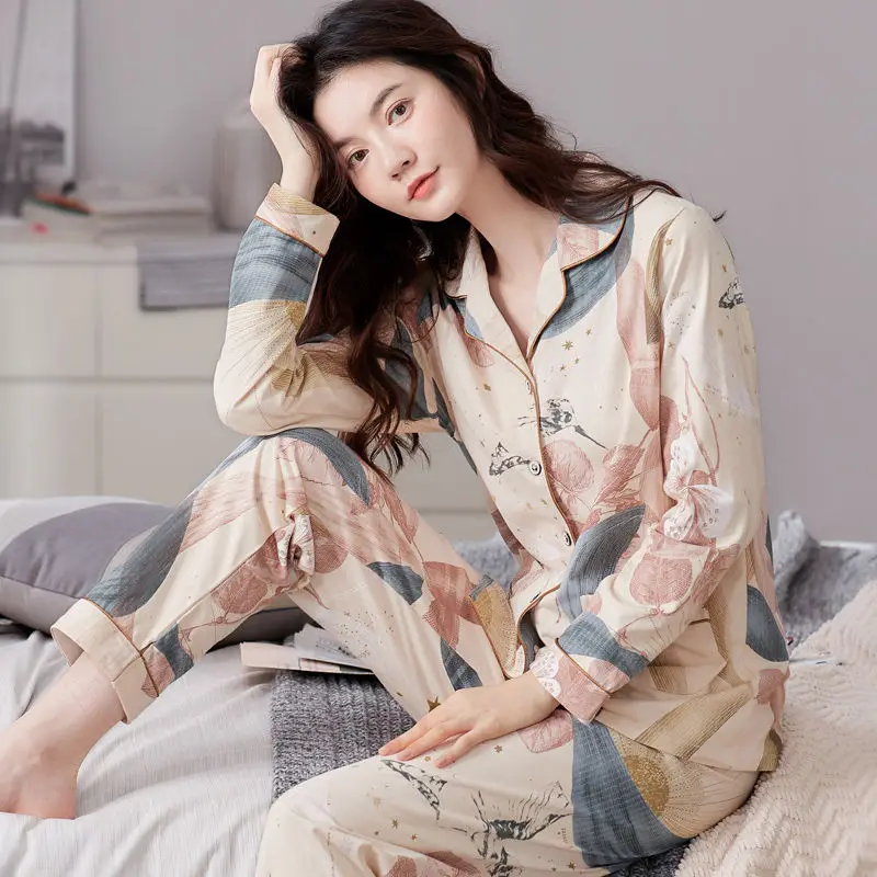 

Women Plus Size 4XL Pyjamas Autumn Flower Printed Satin Silk Pajama Set Rayon Sleepwear Long Sleeve Trousers Nightwear Suit