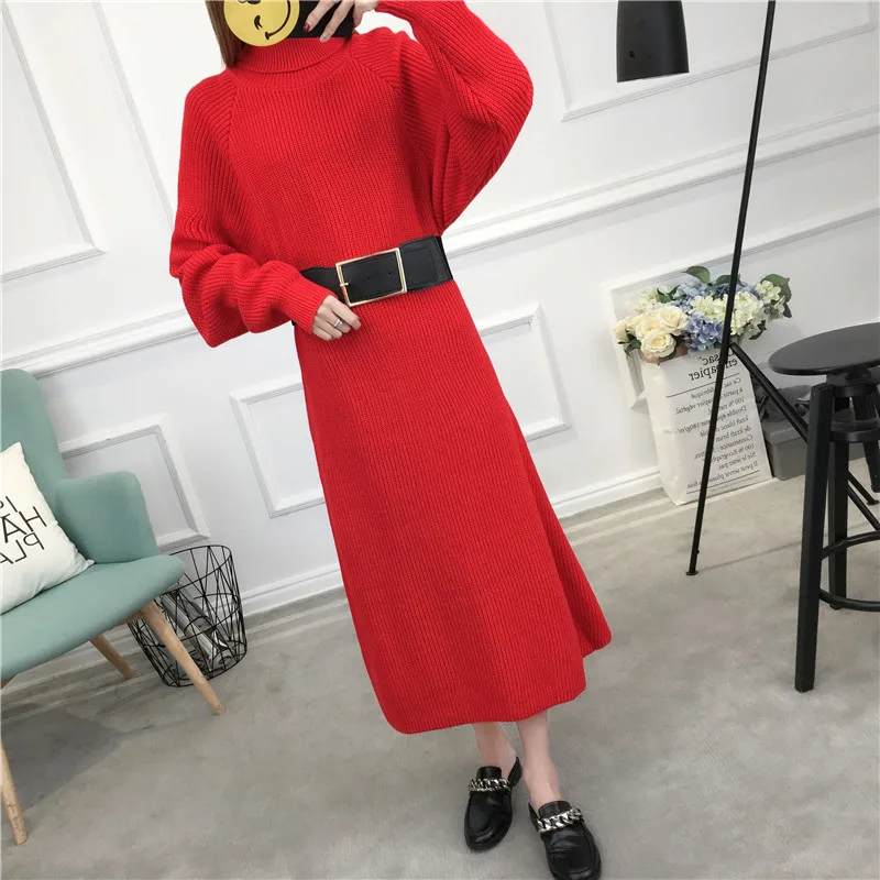 Трикотажное платье зима стиль женский корейский стиль средней длины с высоким воротником толстый свитер платье базовая юбка выше колена