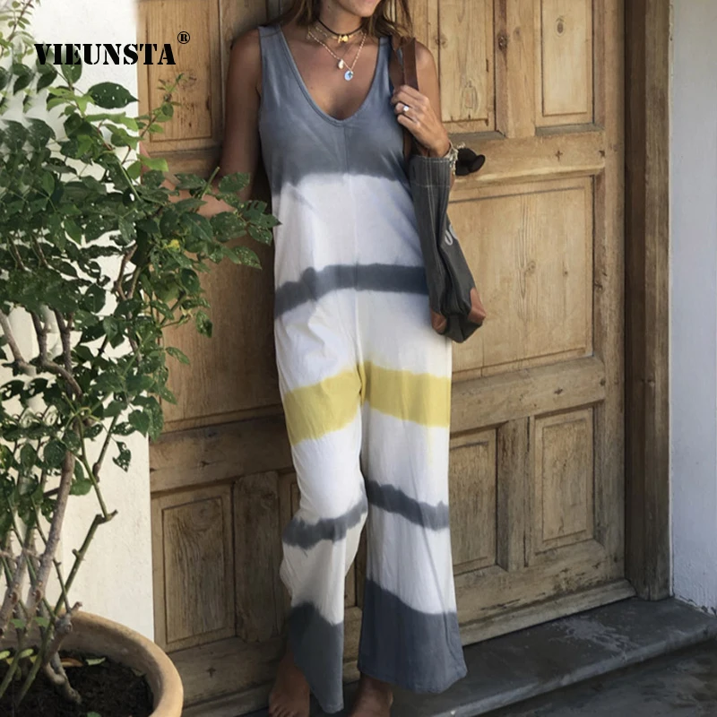 

VIEUNSTA Summer Sleeveless Patchwork Jumpsuit Casual V-Neck Jumpsuit Rompers Female Wide Leg Streetwear Playsuit Overall XL