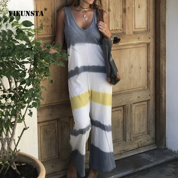 

VIEUNSTA Summer Sleeveless Patchwork Jumpsuit Casual V-Neck Jumpsuit Rompers Female Wide Leg Streetwear Playsuit Overall XL
