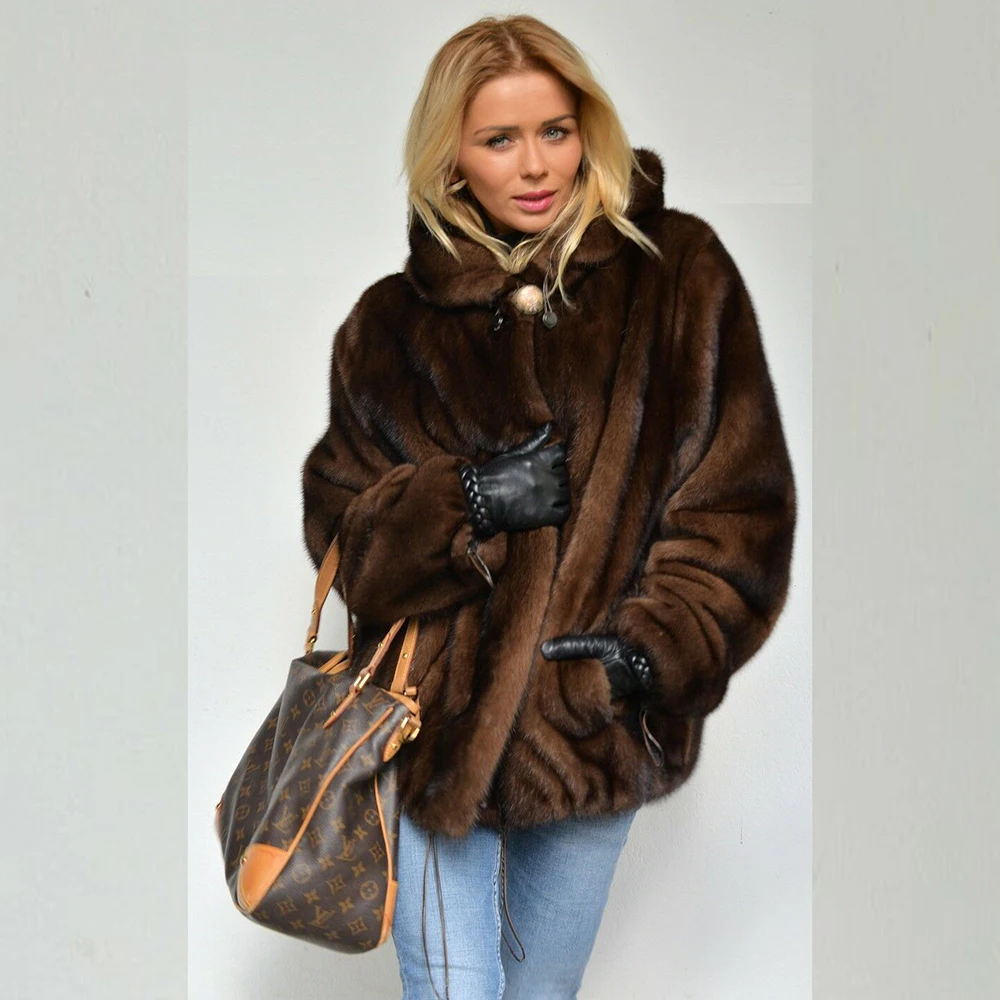 New Winter Real Mink Fur coffee Coats Jacket With hood Women Genuine Full Pelt Winter Warm Elegant Female Jacket