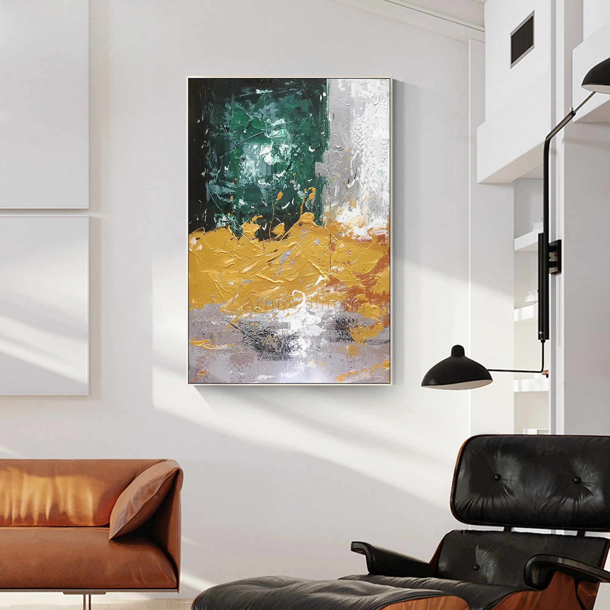 

Modern Abstract Green Yellow Grey Hand Painting Canvas Texture oil painting acrylic large wall art picture for home decoration