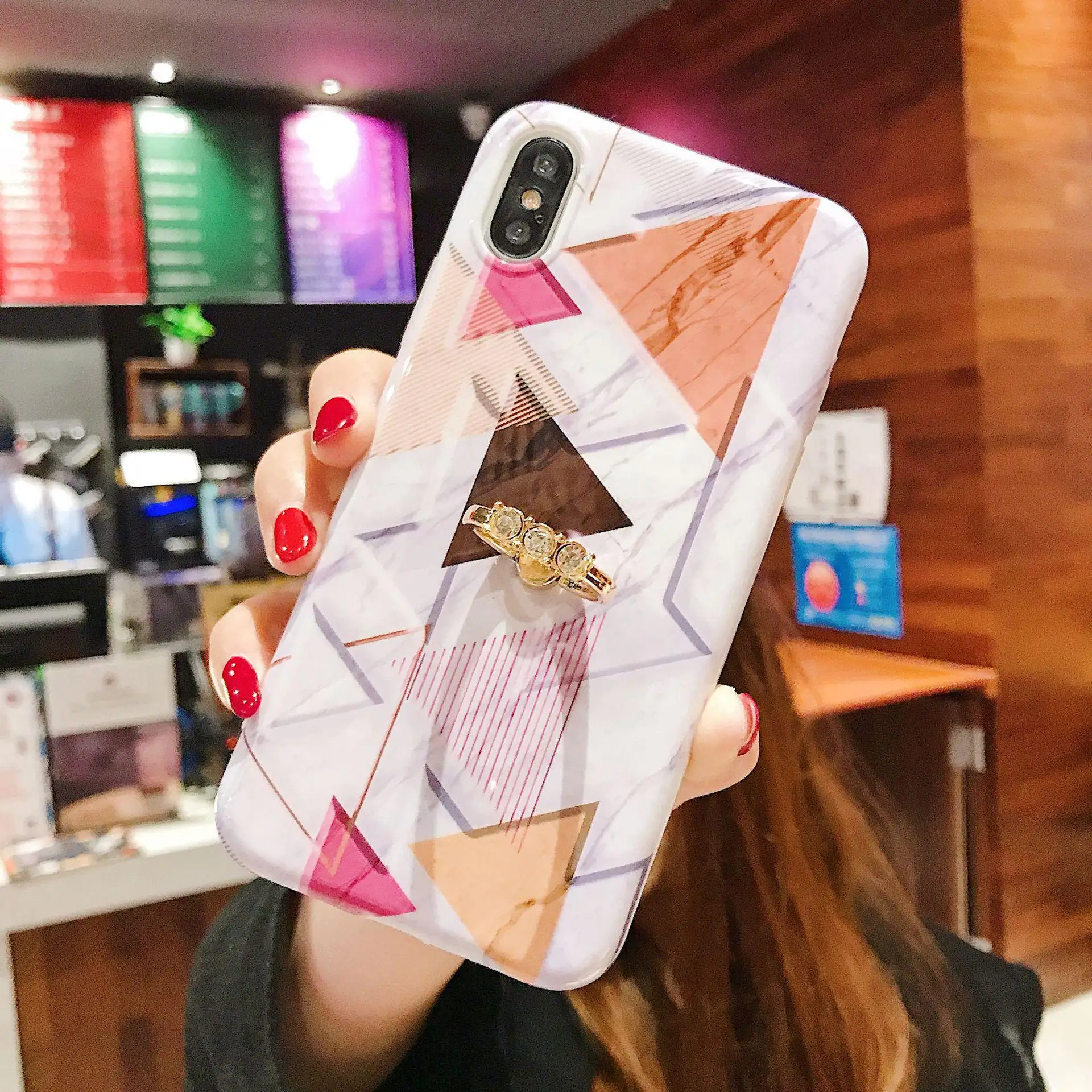 Для iPhone11pro Мрамор оболочки сверлильный кольцевой кронштейн XR для Apple iPhone 7plus с геометрическим рисунком алмаза Soft Shell - Цвет: Золотой