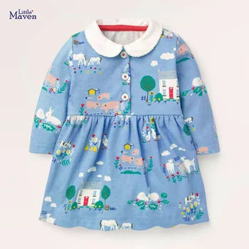 

Little Maven New Spring Autumn Kids Sky Blue Peter Pan Collar Animals Printed Girls 2-7yrs Full-sleeved Cotton Knitted Dresses
