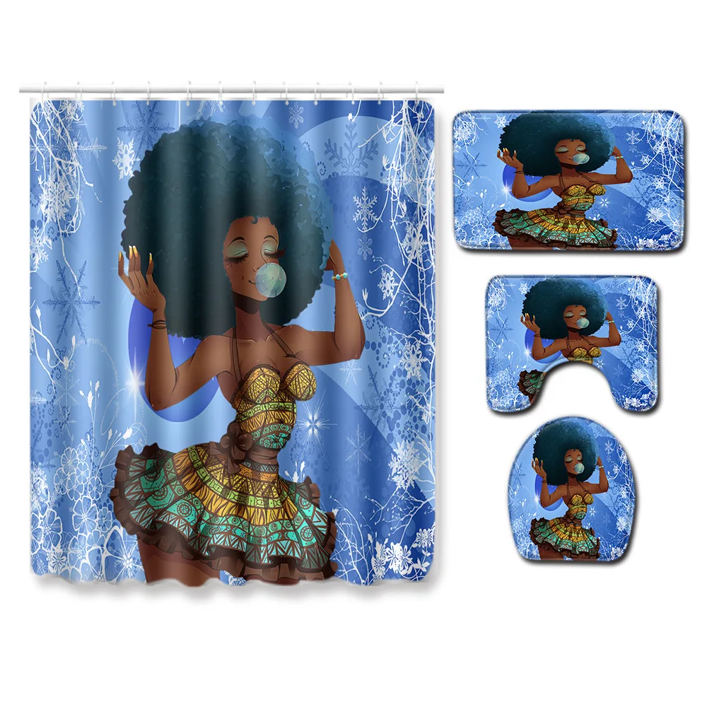 Christmas Series African Woman Pattern Shower Curtain and Bath Mat Set Waterproof Polyester Shower Curtain for Bathroom Shower