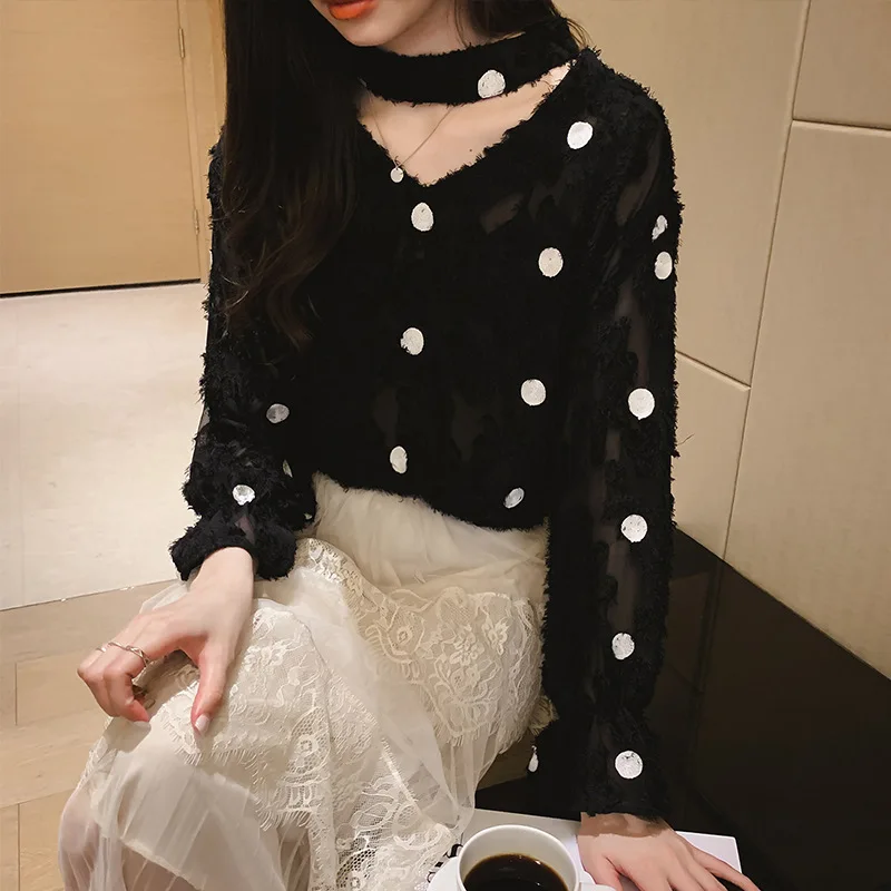 

2019 Spring Clothing New Style Korean-style Elegant Polka Dot Chiffon Shirt Female Long Sleeve Halter Hollow out Tops Western St