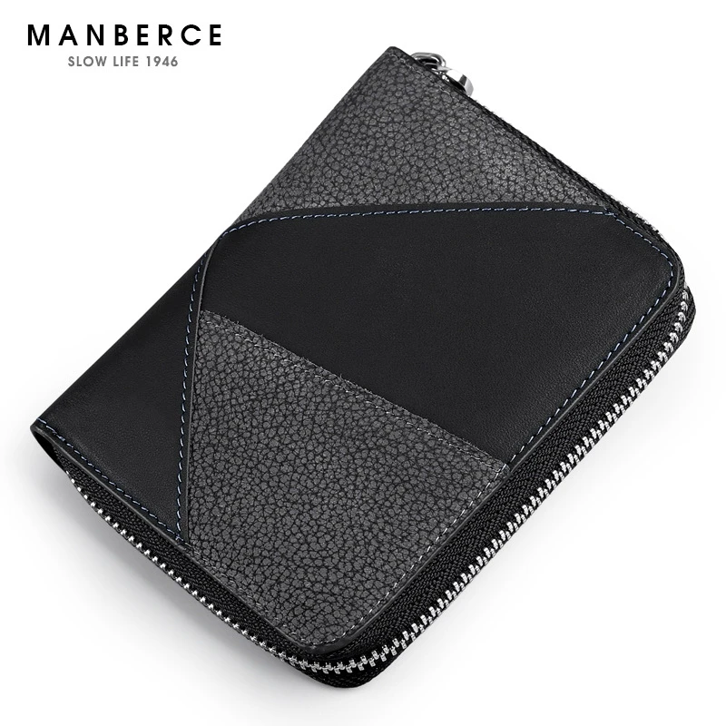 

MANBERCE 2019New Men's New Genuine Leather Wallet Short Upright Head Leather Zipper Splice Wallet Free Shipping
