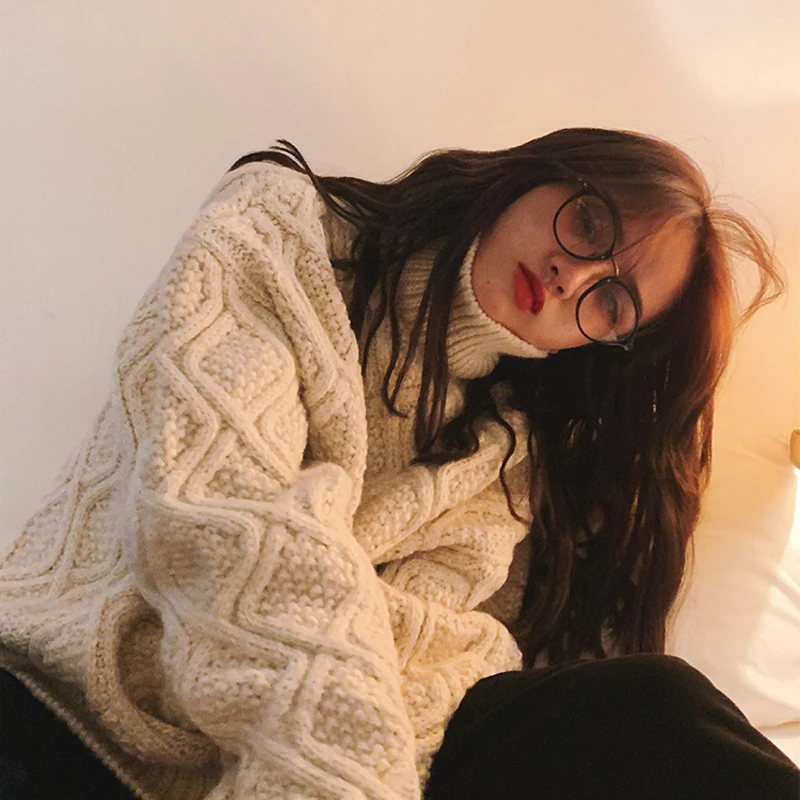 Bella philosophy, однотонный Зимний толстый женский свитер, Женский уличный вязаный пуловер с высоким воротом, женские свободные синие свитера