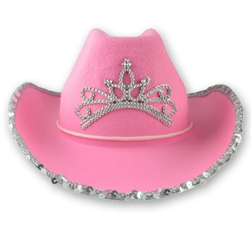 Western Cowboy Caps Crown Cowgirl Hat for Women Girl Pink Tiara Cowgirl Hat Holiday Costume Party Hat Feather Edge Fedora Cap 1