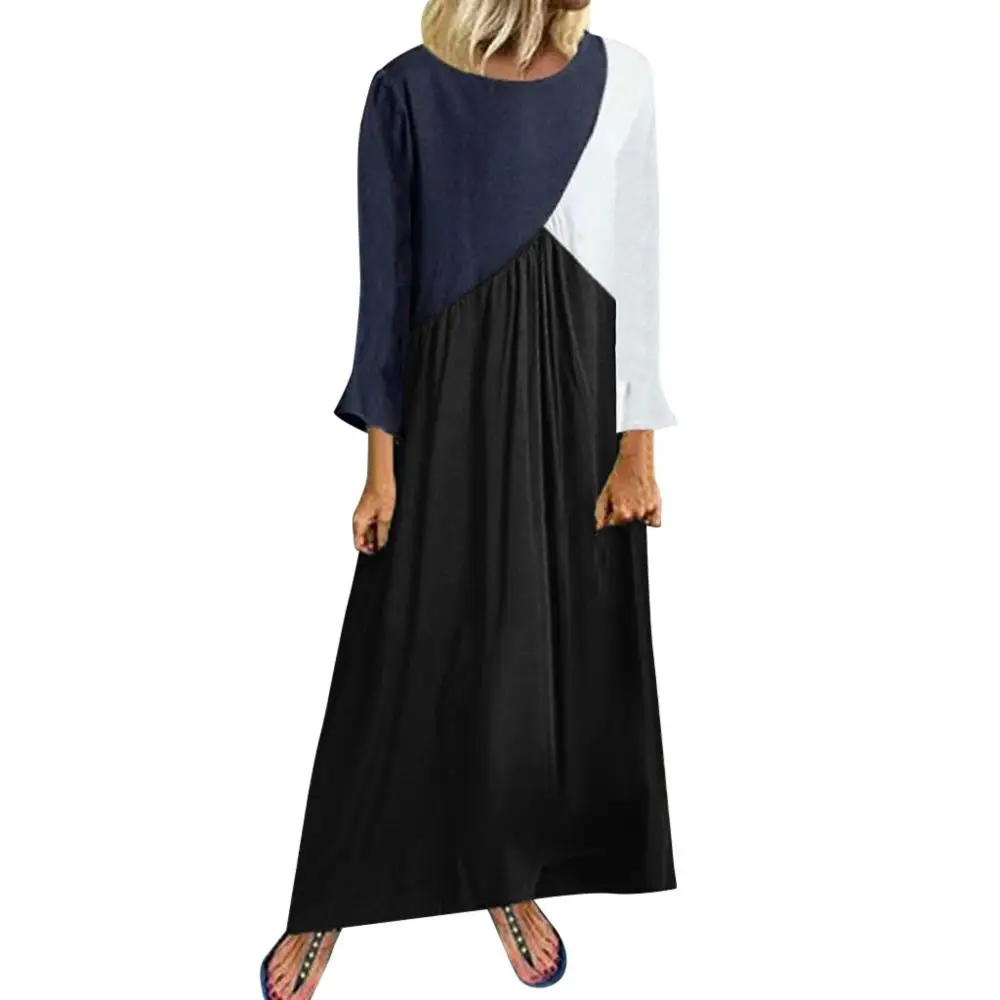 Black Long Sleeve Feitong, женское длинное платье, повседневное, из кусков, свободное, для девушек, с коротким рукавом, вечерние, Boho платья, летнее, макси платье, Vestidos Verano - Цвет: Black Long Sleeve