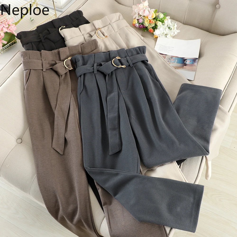 Neploe,, осень, зима, шерстяные штаны до щиколотки, на молнии, тянущиеся, с высокой талией, с поясом, женские брюки, новые, корейские, одноцветные, шаровары, 56268