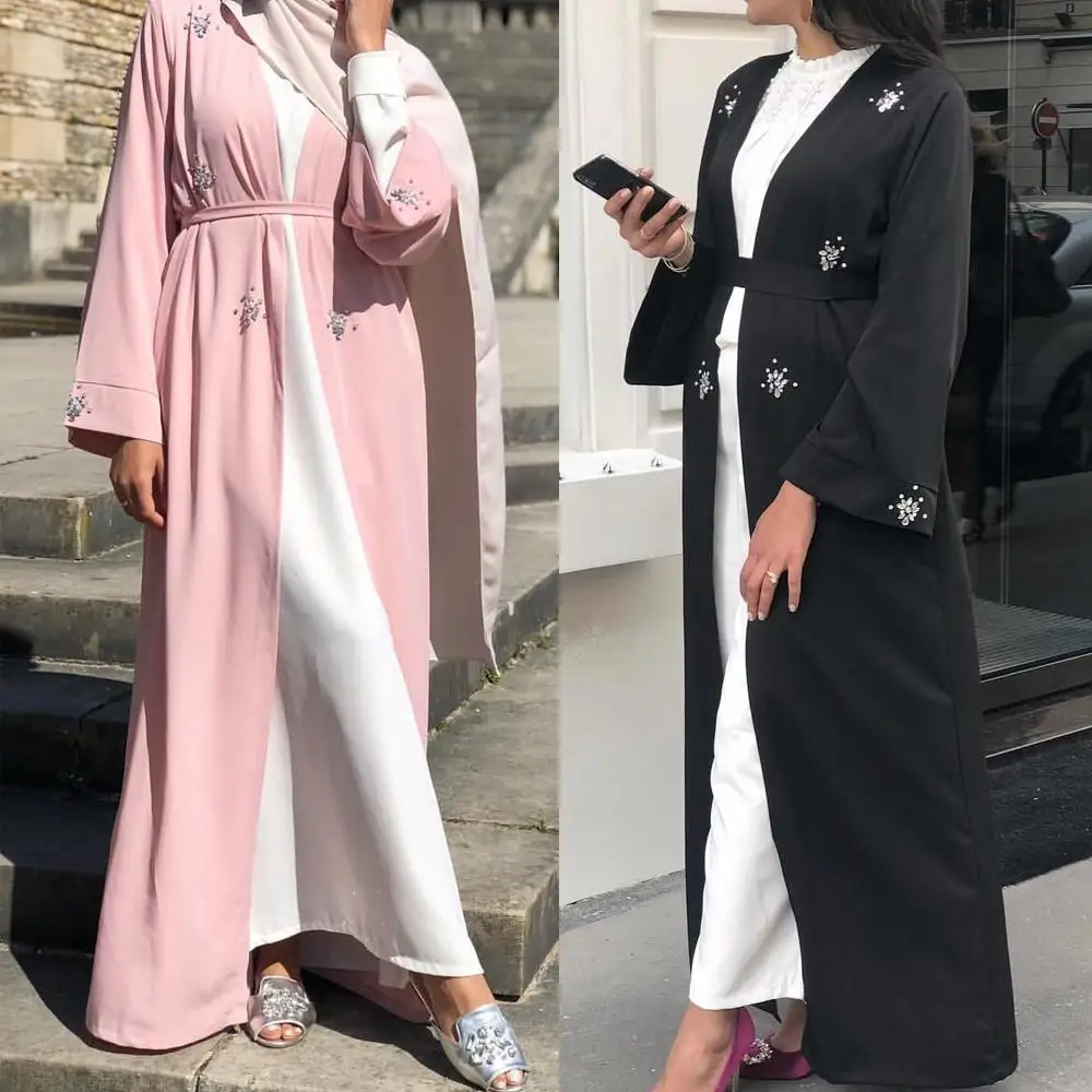Мусульманский Кардиган со стразами и бусинами abaya длинное платье кимоно длинные