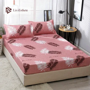 

Liv-Esthete Fashion Leaf Polyester Fitted Sheet Pillowcase Soft Mattress Cover Bed Linen Bed Sheet On Elastic Band Queen King