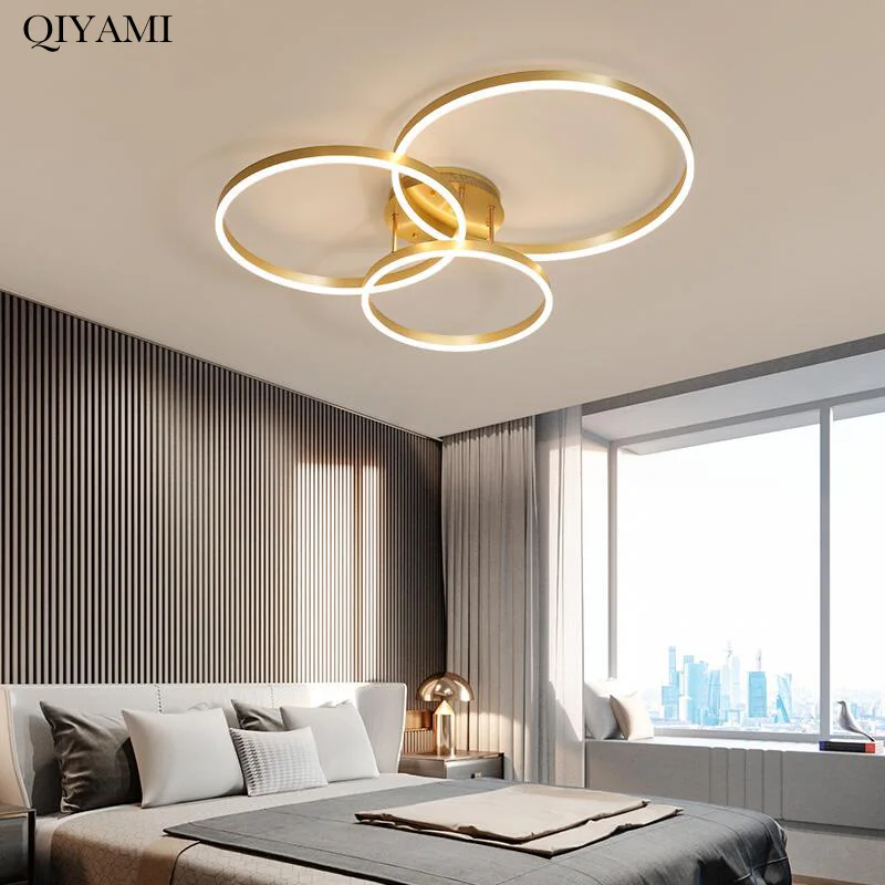 Nordic Creative Round Circle Chandeliers For Bedroom Living Room Restaurant Lighting Golden Coffee Lustre Ring Ceiling Lights