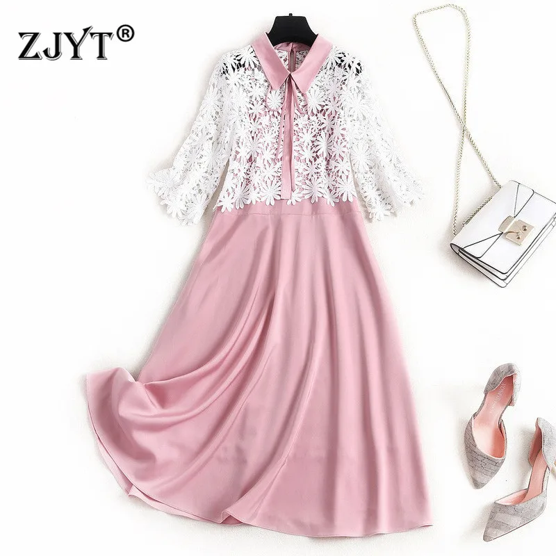 

High Fashion Women Spring Dress 2020 New Designer Clothes Elegant Hollow Out Lace Top and Strap Dress 2Piece Set