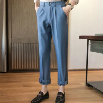 

Homem de negócios casual cor sólida terno pant masculino streetwear bainha ajustável moda terno calças tornozelo-comprimento
