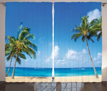 

Hawaiian Curtains Windy Exotic Island Tropical Trees Calm Beachy Theme Ocean Photography Print Living Room Bedroom Window Drapes