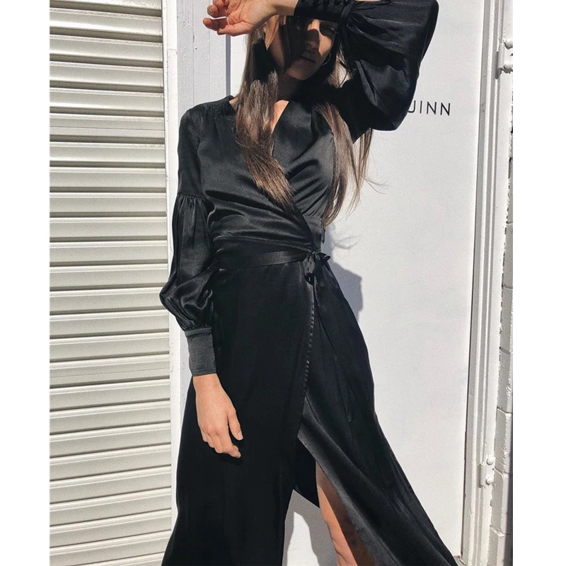 

AEL Elegant V Neck Long Wrap Dress Lace Up Slim Lantern Sleeve Autumn Women's Clothing With Belt Vintage Maxi Dress 2019
