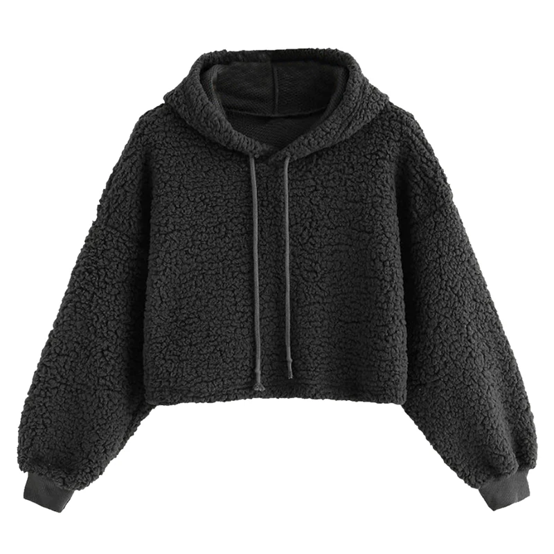 Black Модный шнурок однотонная толстовка с капюшоном для женщин Повседневное новые осенние пуловеры женские толстовки с капюшоном и длинными рукавами из искусственной меховые пиджаки Спорт - Цвет: Black