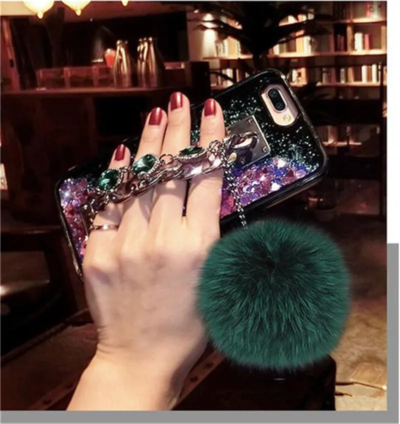 

DIY Glitter Liquid quicksand Love heart hair ball Strap Phone case For Samsung S8 S9 S10 Plus For Iphone xs Silicon cases ipone