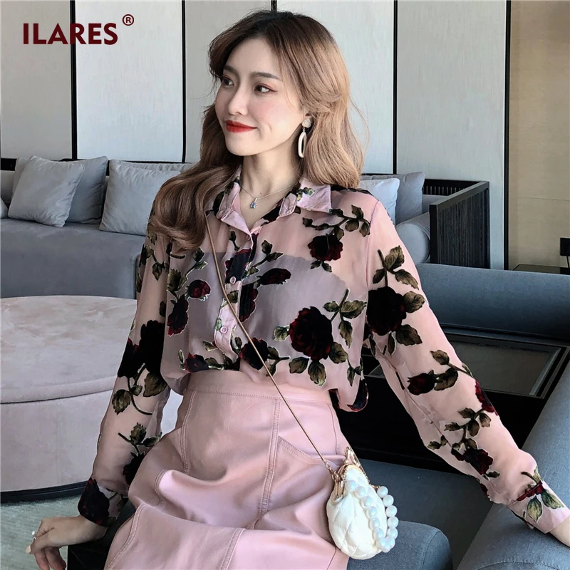 ILARES, женская блузка, Женские топы и блузки размера плюс, женская шифоновая рубашка с принтом розы, женская одежда с длинным рукавом, туника, Топ