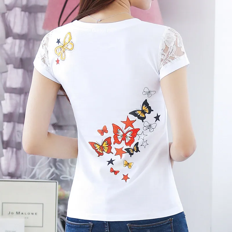 Camisetas Mujer 2021 летняя футболка для женщин с кружевом и стразами женские
