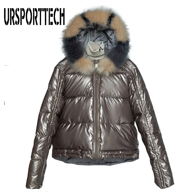 URSPORTTECH Winter Jacket Women Parka Fur Collar Glossy Puffer Jacket Winter Coat Women Plus Size Cotton Padded Jackets Outwear