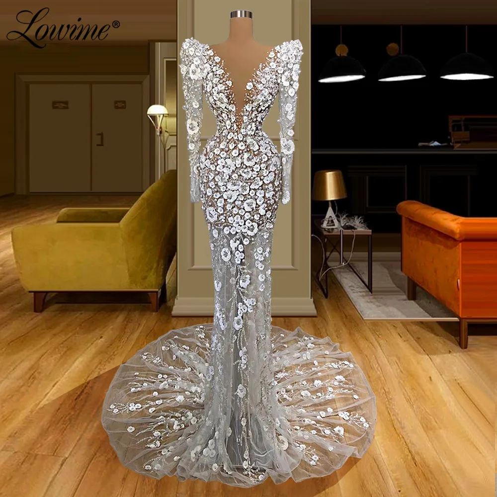 

Muslim Evening Dresses Abendkleider Elegant Party Gowns For Weddings Custom Made Pearls Flowers Illusion Long Prom Dresses 2021