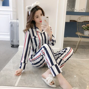 

2020 Spring And Autumn Fashion Pajama Sets For Women Long Sleeve Casual Lapel Pyjamas With Blue Stripes Loose Comfort Pijama