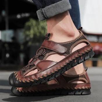 

Men Brand Genuine Leather Summer New Casual Flat Sandals Roman Beach Footwear Male Sneakers Low Wedges Shoes Big Size 38-48