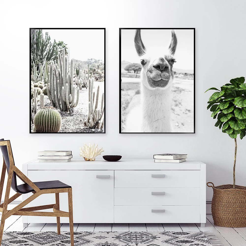 Alpaca-Poster-Canvas-Art-Painting-Animal-Print-Wall-Art-Nursery-Decorative-Picture-Llama-Cactus-Black-White