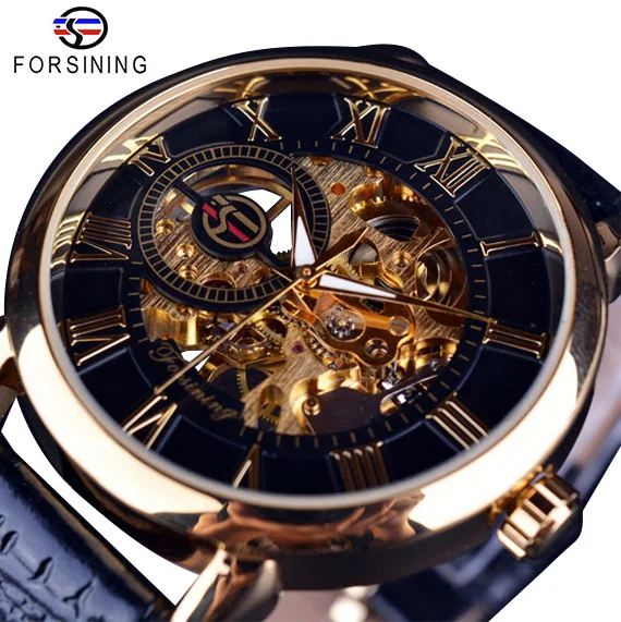 Forsining прозрачные синие мужские механические часы ультра тонкий аналоговый ручной Ветер подлинный спортивный кожаный ремешок повседневный мужской Reloj Hombre - Цвет: Black Golden