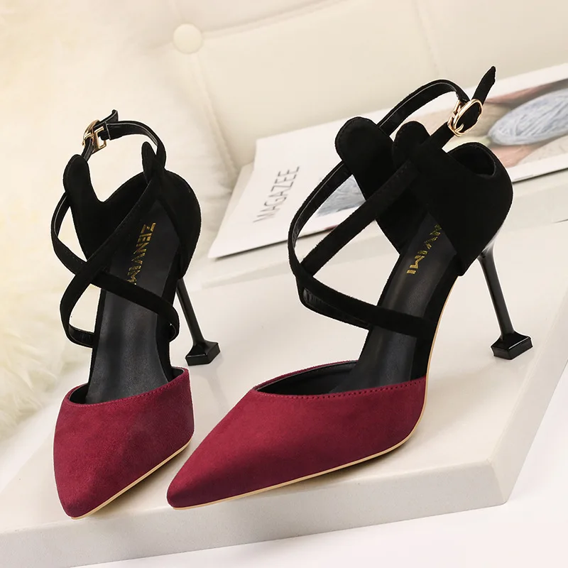 

2020 Spring Women Pointed Toe High Heel Pumps Cross Tied Buckle Sexy Women Party Date Shoes Thin Heels Plus Size Woman Fashion