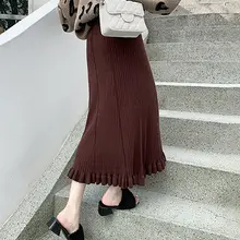 Осень Зима Вязание юбки корейский сплошной цвет элегантный Эластичный Высокая талия средней длины деревянные плиссированные юбки