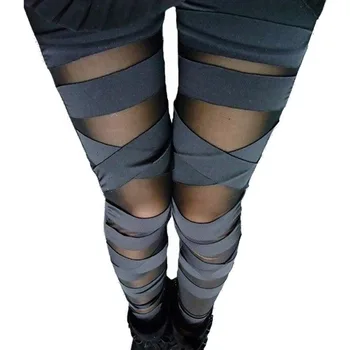 

LJCUIYAO Bandage Leggings Womens Plus Size Clothing Punk Sexy Pants Stretch Black Trousers Patchwork Elastic Fitness Leggings