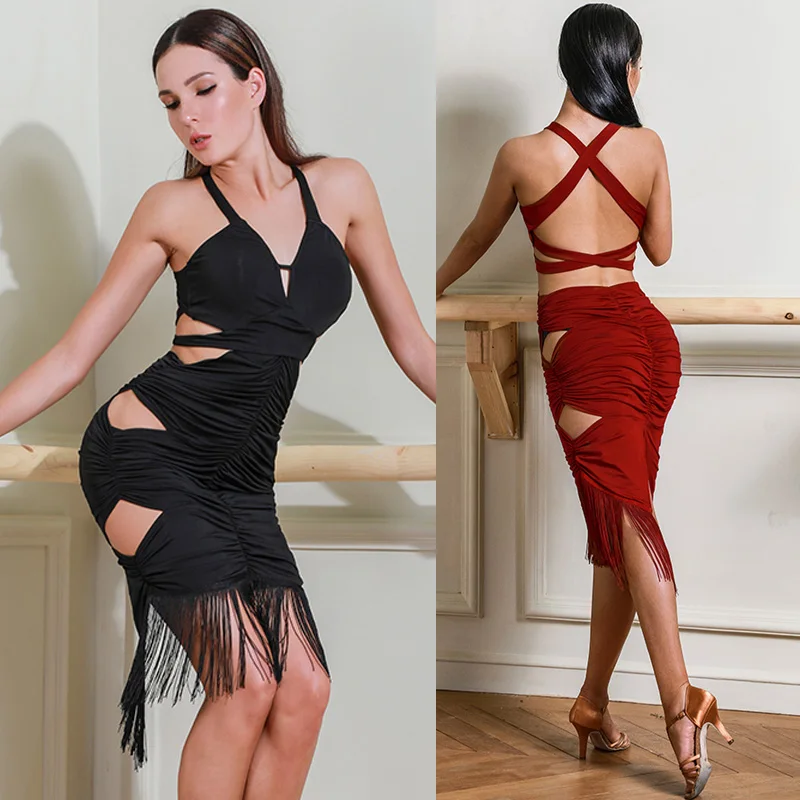 

Latin Dance Dress Ladies Sexy Halter Hollow Backless Tassel Competition Dresses Tango Salsa Cha Cha Samba Rumba Wear DNV11867