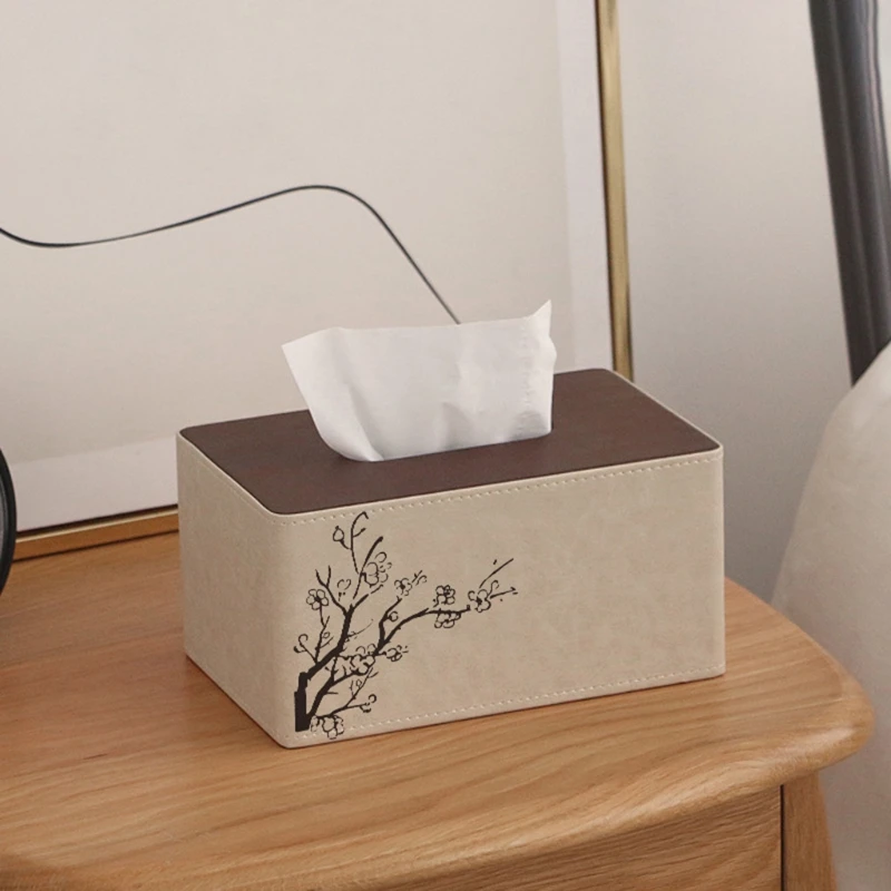 

Chinese Style Plum Blossom PU Leather Tissue Box Rectangle Paper Towel Holder Desktop Napkin Storage Container for Home Office
