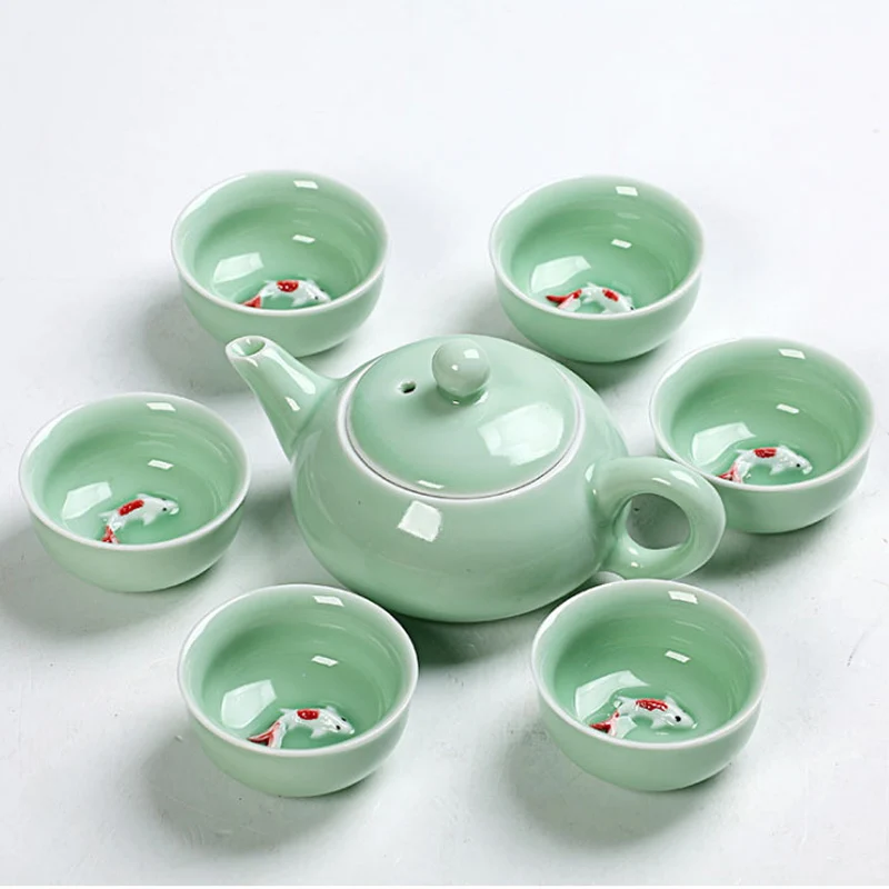 Ceramic Chinese Kung Fu Teapot Set with 6 Cups Vintage Raised Koi Fish Porcelain China Tea Ceremony Utensils Travel Pot | Дом и сад