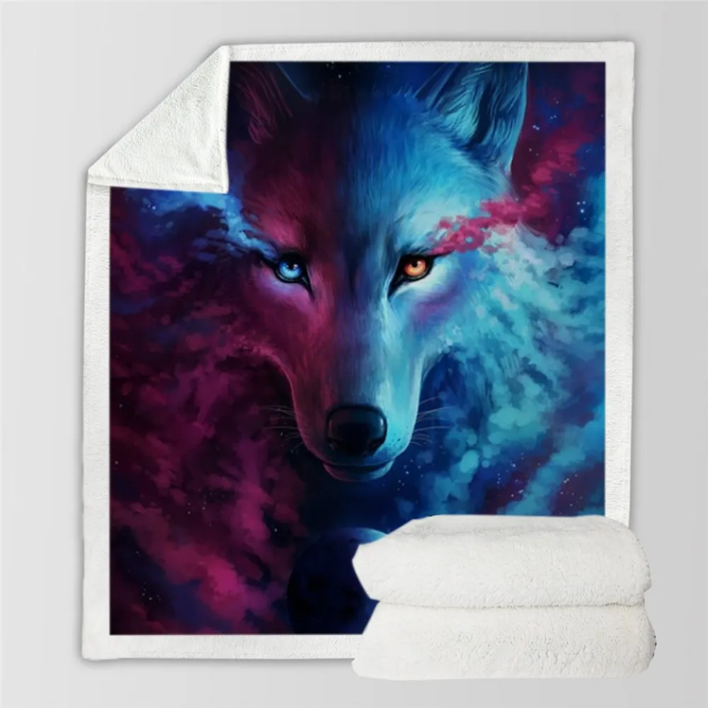 Soft Wolf Warm Blanket 3D Animal Star Galaxy Wolf Pattern Print Bedding Sherpa Fleece Blanket for Kids Portable Throw Blanket