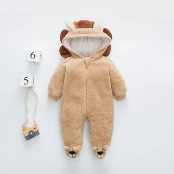 

Infant Baby Girl Boy Solid Cartoon Bear Velvet Hooded Jumpsuit Romper Winter Warm Velvet Round Collar Onesies Cute Bear