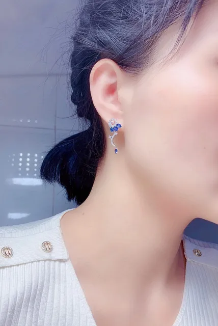 Aretes de plata 925 elegantes para Mujeres Pendientes Zafiro blanco Joyería  Lujo