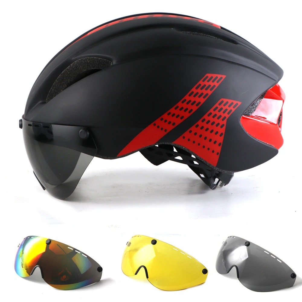 Aero Cycling Helmet With Lens Road Bike Sports Riding Men TT Time-Trial Bicycle Goggles Safety Cap Vtt Casco Ciclismo Hat | Спорт и
